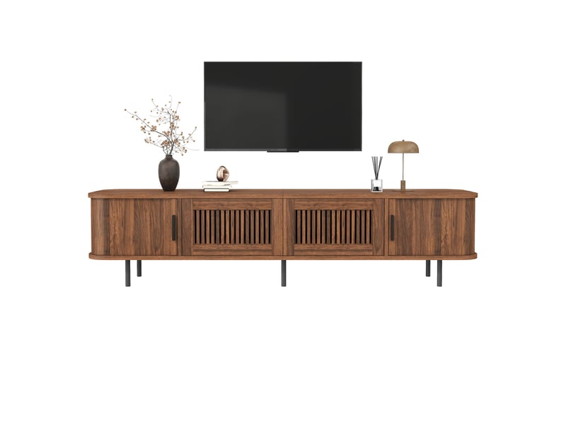  Meuble tv noyer 180 cm avec led application, portes coulissantes et bords arrondis  - Conforama A