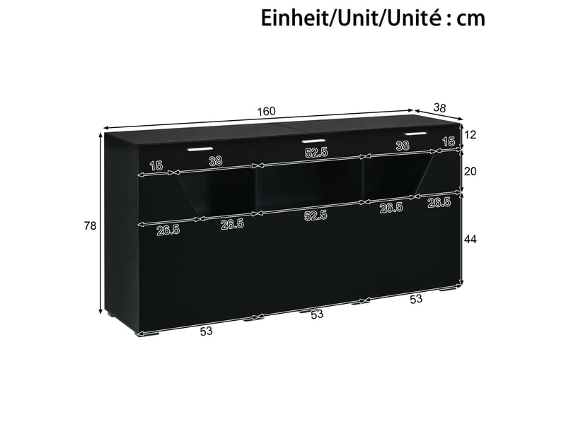  Buffet vitrine, 3 portes vitrées, grand rangement fermé, led pilotée par appli et façades brillantes pour salon, panneaux de particules,noir evarich - Conforama C