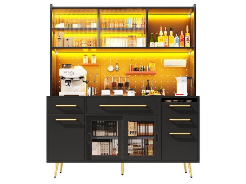 Buffet haut avec led, panneau perforé, 2 tiroirs et porte coulissante, noir, 145x39x171 cm - Conforama D