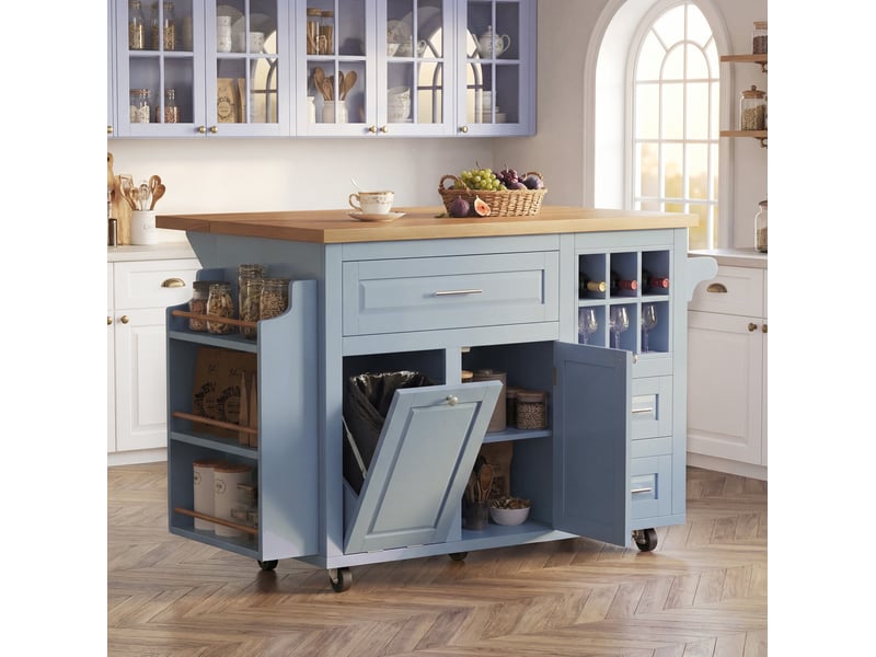  Îlot de cuisine bleu à roulettes, plateau rabattable, rangements et 3 tiroirs  - Conforama D