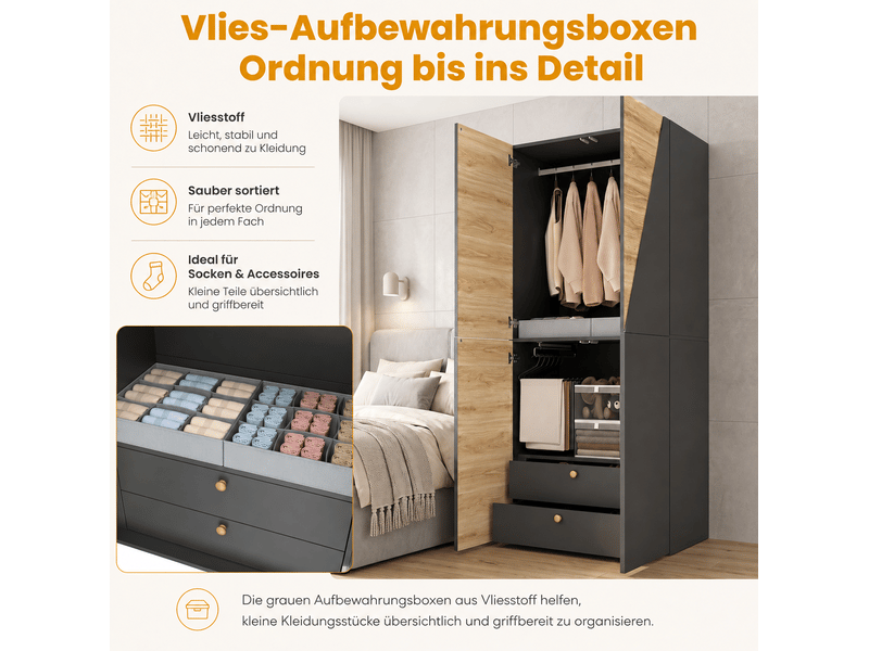  Armoire haute avec penderie, porte-pantalons, boîte et 2 tiroirs pour chambre, mdf gris et bois, 90 × 50 × 200 cm  - Conforama E