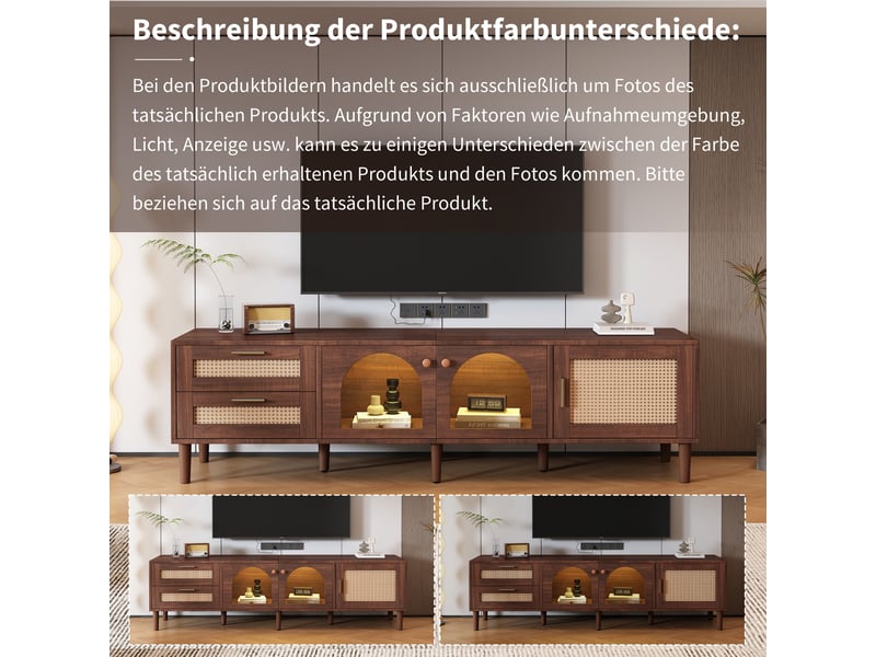  Meuble tv 180 cm pour téléviseur 80 pouces, marron, avec rangement multimédia, tiroirs en rotin, portes vitrées et éclairage led  - Conforama W