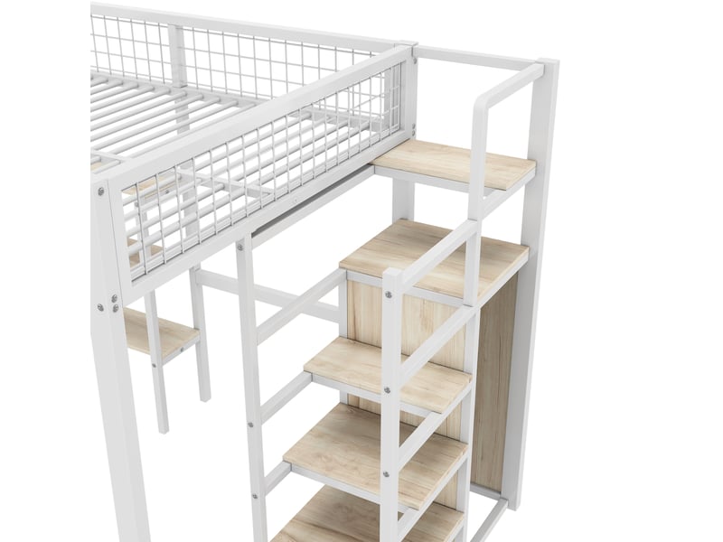  Lit mezzanine 140x200cm, lit jeune avec bureau d'angle, armoire, étagères de rangement et sommier, lit en métal+mdf, blanc+bois  - Conforama R