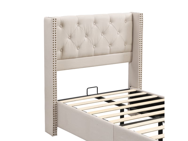  Lit rembourré 90 x 200 cm, tête de lit capitonnée à boutons et clous, sommier à lattes, pieds bois, lin beige evarich - Conforama D