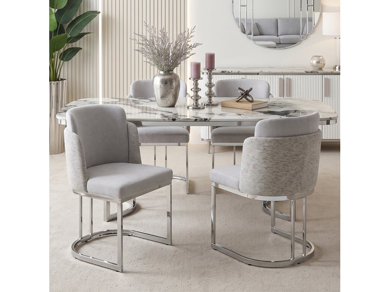 Lot de 2 chaises de salle à manger avec dossier double et pieds en métal électroplaqué, chenille gris clair et argenté  - Conforama B