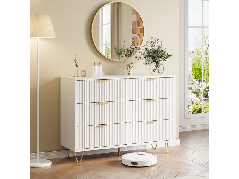  Commode blanche 6 tiroirs, commode chambre meuble de rangement moderne avec poignées et pieds dorés pour salon, chambre, bureau, blanc  - Conforama E