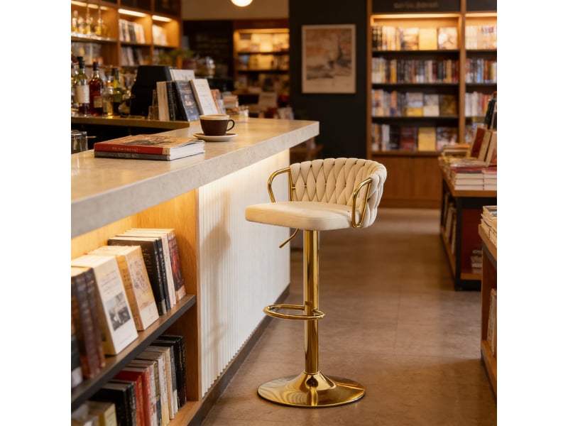  Tabouret de bar pivotant 360° réglable en hauteur  - accoudoirs repose-pieds velours blanc crème  - Conforama B
