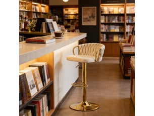 Tabouret de bar pivotant 360° réglable en hauteur  - accoudoirs repose-pieds velours blanc crème