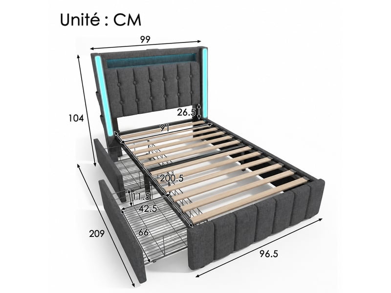 Lit avec tiroirs, lit simple 90x200 cm en lin avec usb, type-c et led, 2 tiroirs, sans matelas, gris - Conforama D