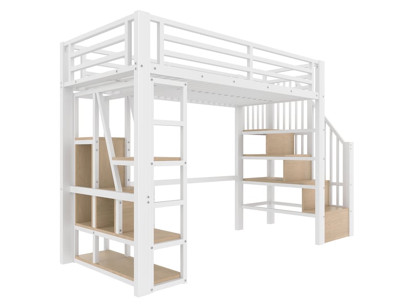  Lit mezzanine blanc 90 × 200 cm, cadre métal, led, rangements, échelle et garde-corps  - Conforama E