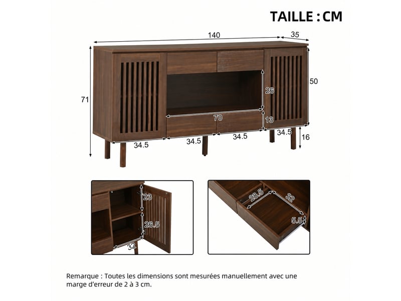 Buffet salon couleur noyer, meuble de rangement 140 cm avec 4 tiroirs et 2 portes à lattes - Conforama D