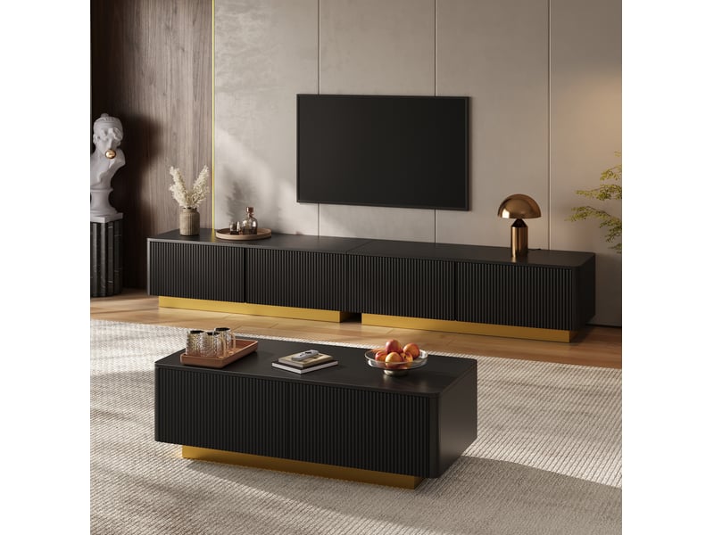 Meuble tv et table basse 2 pièces avec rangements et façades rainurées, en mdf et panneaux de particules, noir, salon - Conforama C