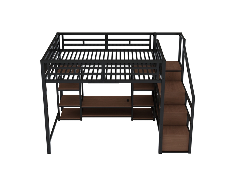  Lit mezzanine 140×200 cm avec support tv, prise et échelle de rangement, métal et mdf noir  - Conforama D