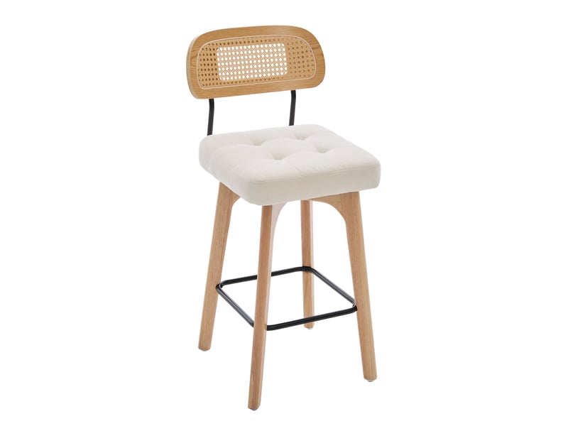 Lot de 2 tabourets de bar pivotants 44x51x96 cm – beige – dossier en rotin, assise chenille rembourrée - Conforama D
