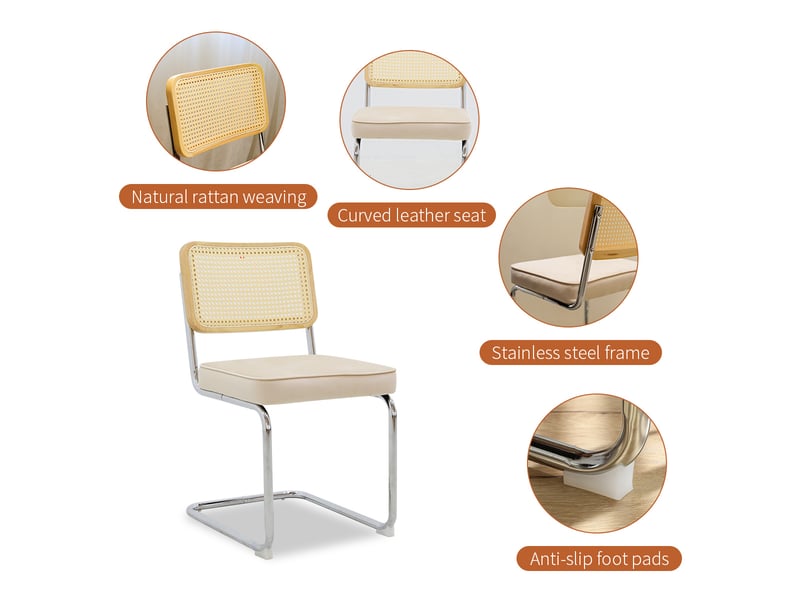 Lot de 2 - chaise de salle à manger - 56,9 x 50 x 85,9 cm-beige- freischwinger en velours avec dossier en rotin et structure en acier tubulaire - Conforama A