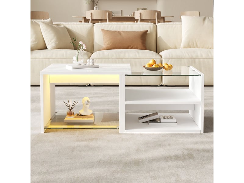  Table basse compartiments ouverts plateau en verre panneaux de particules éclairage led finition brillante conception à niveaux décalés  - Conforama B