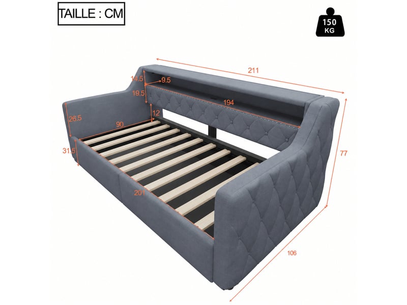  Lit banquette simple 90x200 cm en lin gris avec coffre hydraulique, led, usb et type-c, sans matelas  - Conforama D