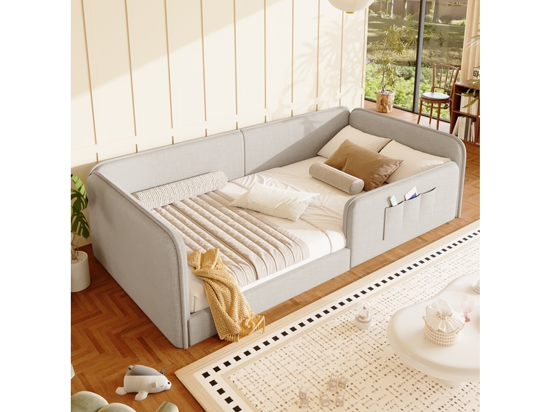  Lit plateforme modenvie 90 x 200 cm rembourré en lin beige avec cadre de sécurité et poches de rangement  - Conforama B