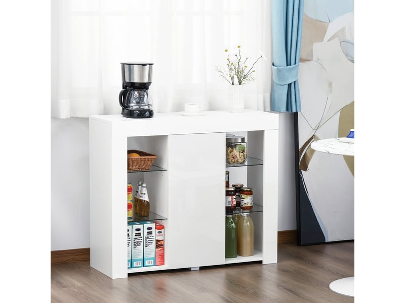  Buffet moderne avec éclairage led et étagères en verre, meuble en bois polyvalent avec finition laquée brillante, 97 x 35 x 83 cm, blanc  - Conforama D