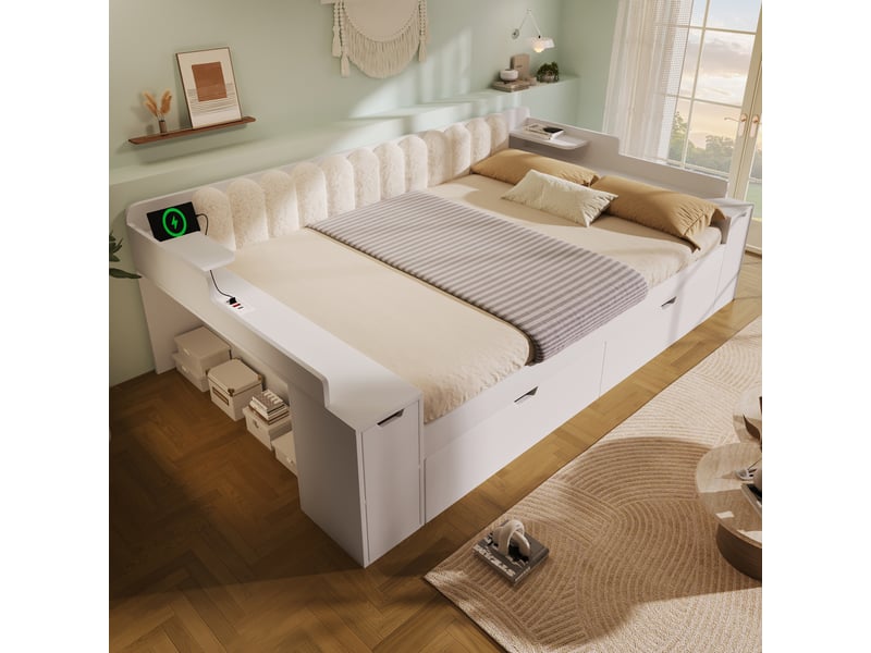  Lit banquette - 140x190 cm - sommier à lattes - lit gigogne - rangements intégrés - sur roulettes - prise de charge - blanc CozyNest - Conforama D