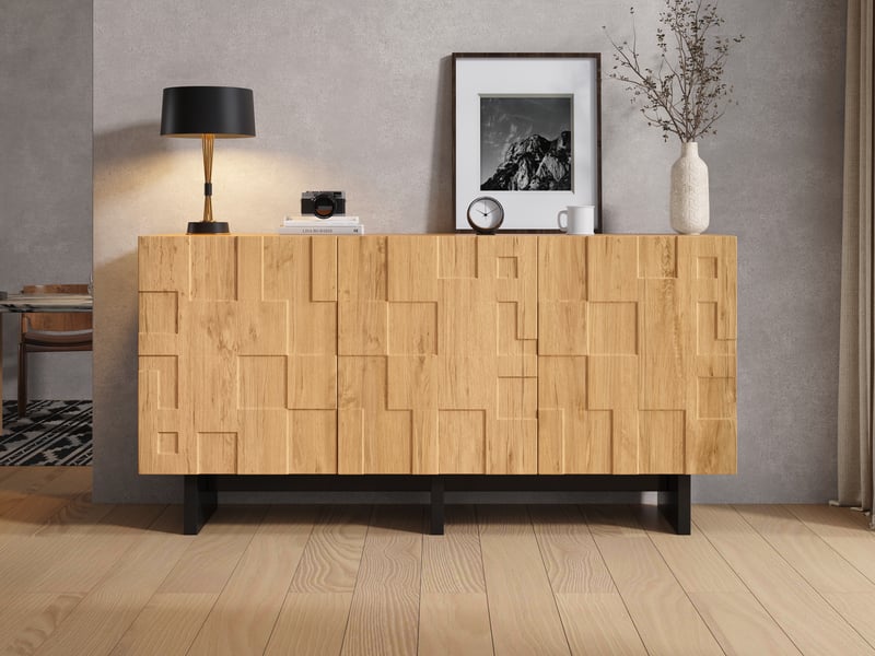  Buffet 140 cm effet bois naturel, 3 portes, façades géométriques  - Conforama B