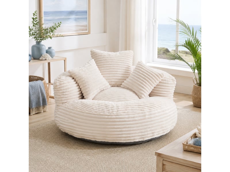  Fauteuil pouf ergonomique à dossier haut avec accoudoirs, assise rembourrée en velours côtelé beige, 108 × 108 × 52 cm  - Conforama C