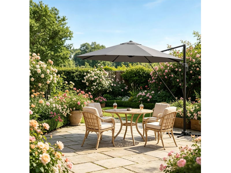  Parasol déporté rond 306x167x207 cm – gris foncé – rotation 360°, 5 inclinaisons et base incluse  - Conforama B