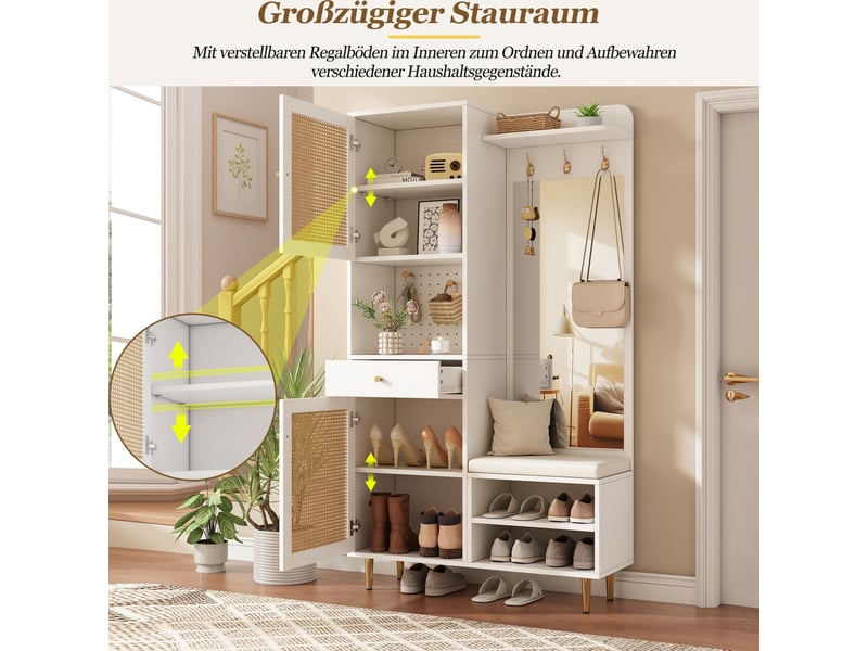 Ensemble vestiaire 99 x 35 x 180 cm – blanc et naturel – banc, miroir, portes en rotin et panneau perforé - Conforama E