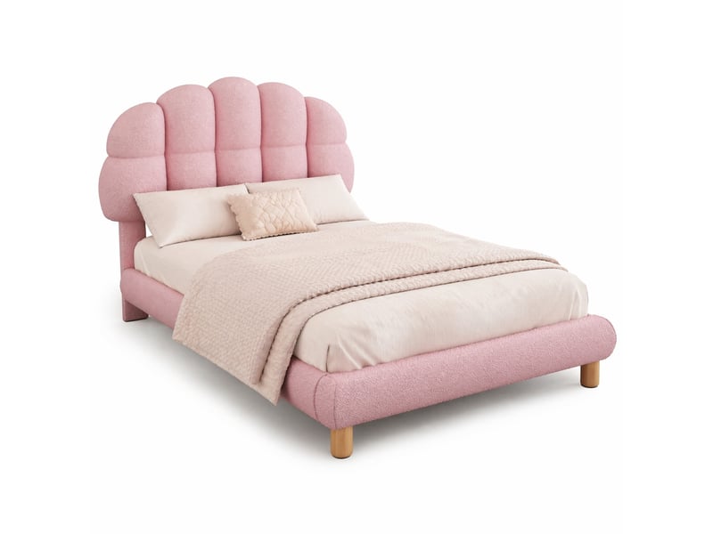  Lit simple 90x200 cm pour enfant et adolescent avec tête de lit réglable, bouclette rose, sans matelas  - Conforama A