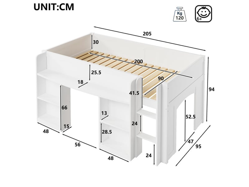 Lit mezzanine en bois, 90 x 200 cm, avec bibliothèque intégrée, espace de rangement et éclairage led multicolore sous le lit, blanc - Conforama C