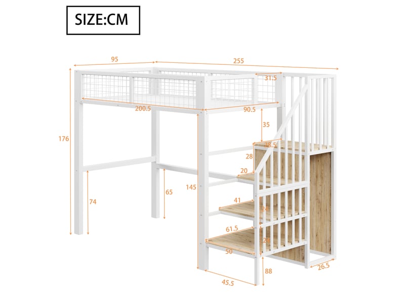  Lit mezzanine enfant 200×90 cm avec échelle, armoire et garde-corps grillagé, sans matelas, en métal et mdf blanc  - Conforama D