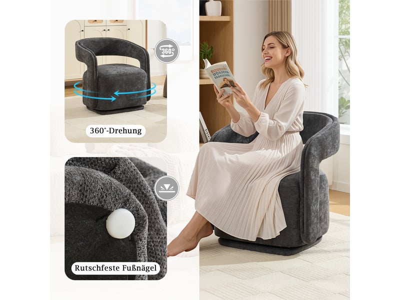  Fauteuil lounge pivotant,70x65,5x74 cm,rotation 360°,chenille,gris foncé  - Conforama D