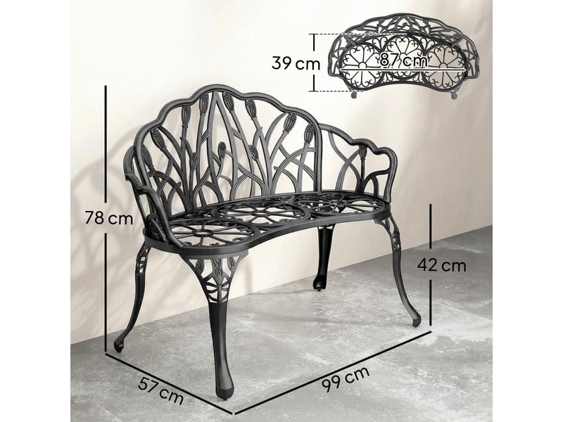  Banc de jardin 2 places, en aluminium moulé, résistant aux intempéries, avec dossier tulipe, motif floral, 99 x 57 x 78 cm  - Conforama D