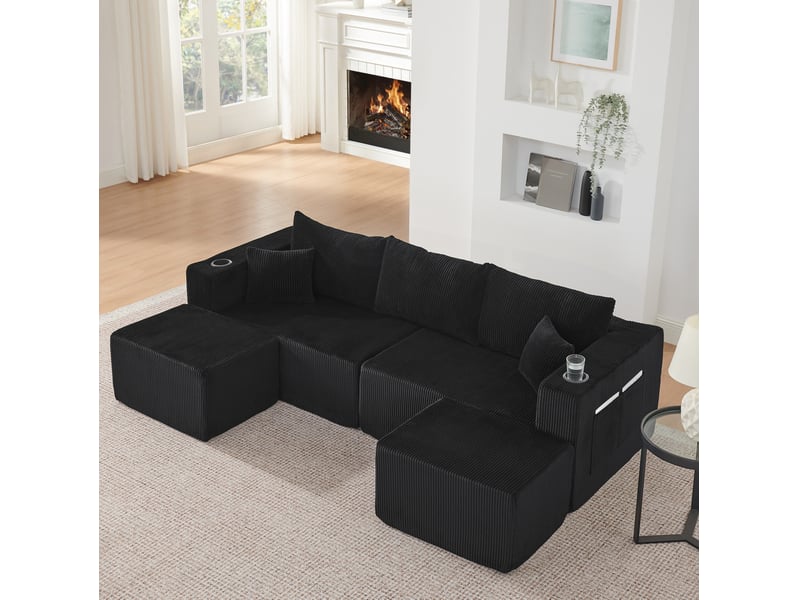 Canapé d'angle modulable 3 places 230x138x75 cm tissu côtelé noir - Conforama B