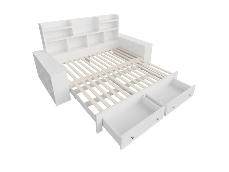  Lit enfant 90x200 cm extensible 180 cm, lit multifonctionnel avec rangement et led, bois blanc, sans matelas  - Conforama E