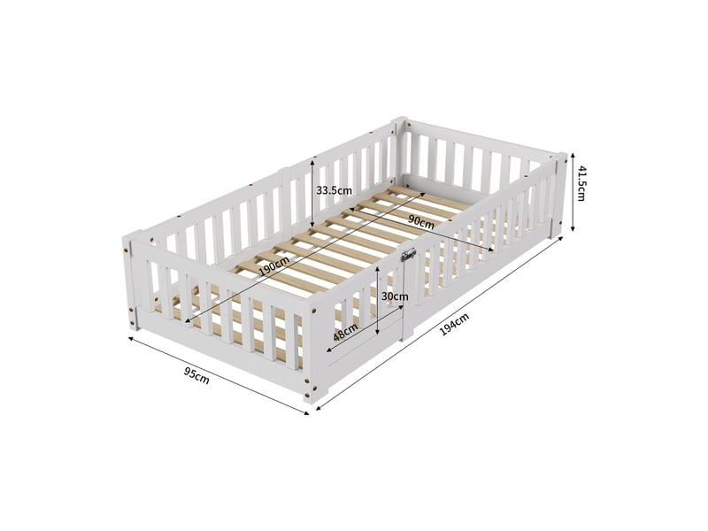  Lit au sol enfant 90x190, lit montessori au sol en bois massif avec barrière de sécurité et sommier à lattes  - Conforama C