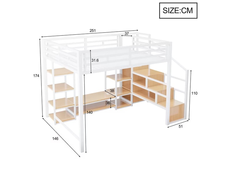  Lit mezzanine 2 places 140×200 cm avec support tv, prise et échelle de rangement - okmyhome- blanc, sans matelas  - Conforama D