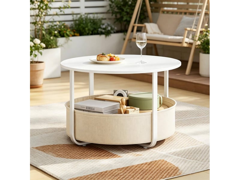  Table basse ronde avec panier de rangement amovible et pieds réglables pour salon, beige et blanc, ø 80 × 50 cm  - Conforama D
