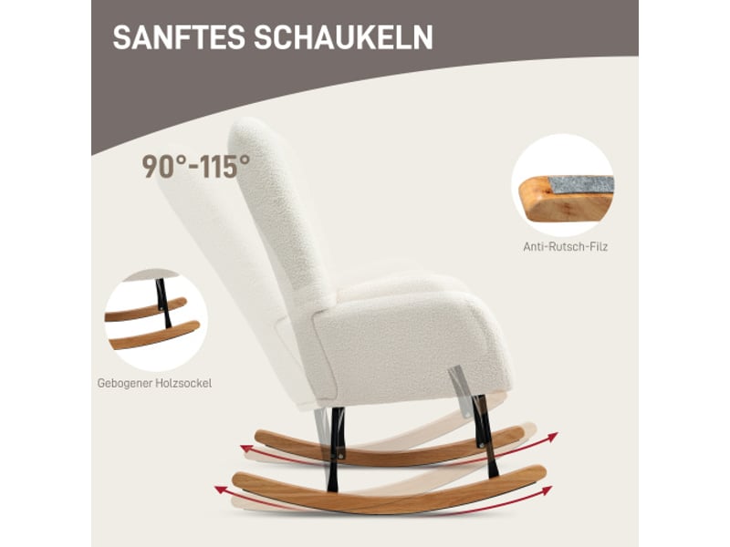  Fauteuil à bascule crème en tissu teddy, accoudoirs, coussin lombaire et patins en bois  - Conforama D