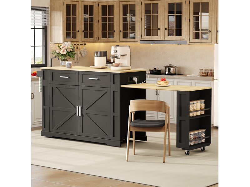 Îlot de cuisine sur roulettes avec plan de travail extensible, prises et usb, 2 tiroirs, noir et naturel - Conforama B