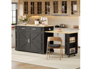 Îlot de cuisine sur roulettes avec plan de travail extensible, prises et usb, 2 tiroirs, noir et naturel