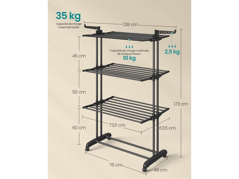  Séchoir à linge mobile pliable grande capacité 63,5 x 128 x 173 cm pratique intérieur extérieur en acier noir 12_0010915  - Conforama B
