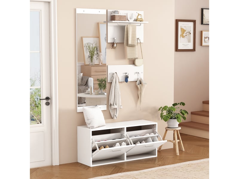  Meuble d’entrée 4 pièces blanc, banc à chaussures 90 x 30 x 41,5 cm, miroir mural et 2 porte-manteaux avec 6 patères  - Conforama B
