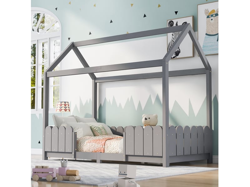  Lit cabane enfant 90x200 cm avec barrières et sommier à lattes gris  - Conforama B