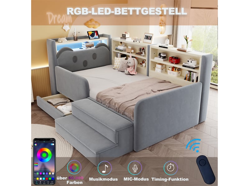 Lit enfant 90x200 cm rembourré en velours avec tête de lit rangement, tiroir, banc amovible, led et usb - beige - Conforama D