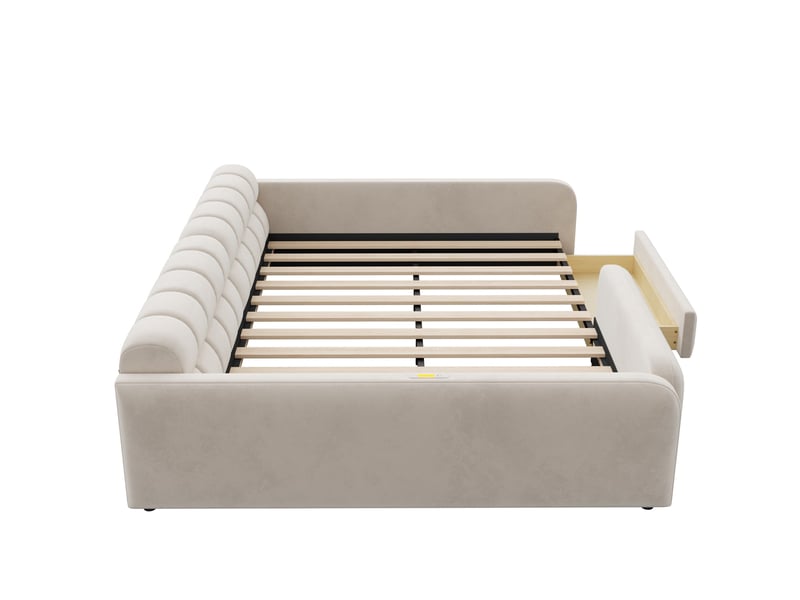 Lit enfant 140x200 cm avec tiroir, veilleuse et usb, en velours beige, sans matelas - Conforama D