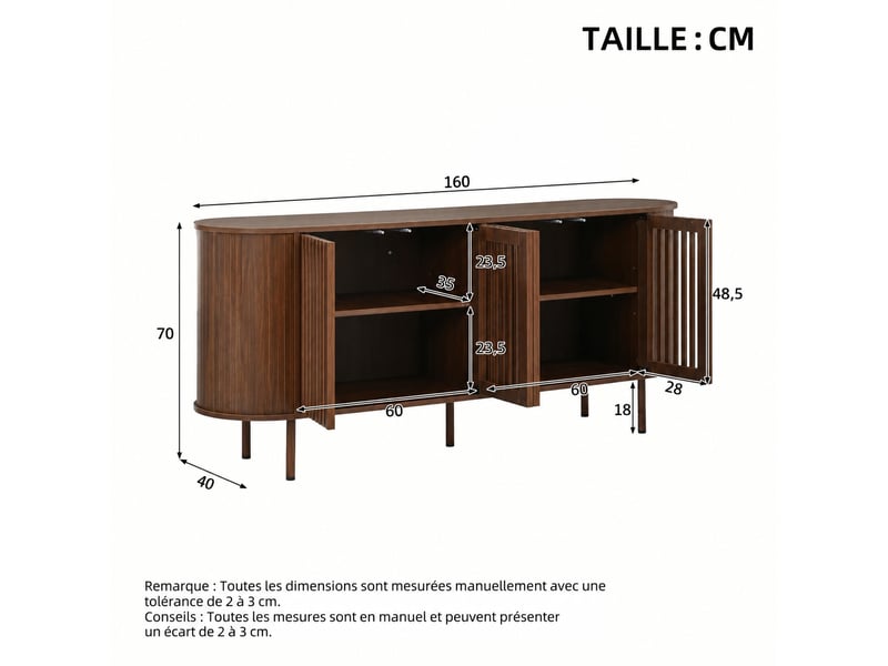  Buffet couleur noyer 160 x 40 x 70 cm, 4 portes coulissantes perforées, étagères réglables  - Conforama C