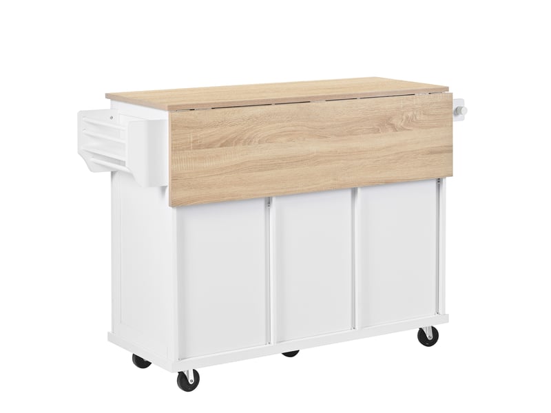  Îlot de cuisine mobile extensible 112x46,2-76,2x92,7cm compartiment poubelle roulettes tiroirs portes mdf, blanc+nature  - Conforama E