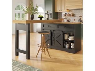 Îlot de cuisine modenvie 2 en 1 avec table à manger extensible, rangement et plateau pivotant, 120 à 197 x 40 x 72 cm, mdf noir aspect chêne