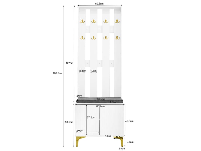  Vestiaire d'entrée avec banc à chaussures et coussin blanc 60.5x35.2x180.5 cm N621P232621W - Conforama C